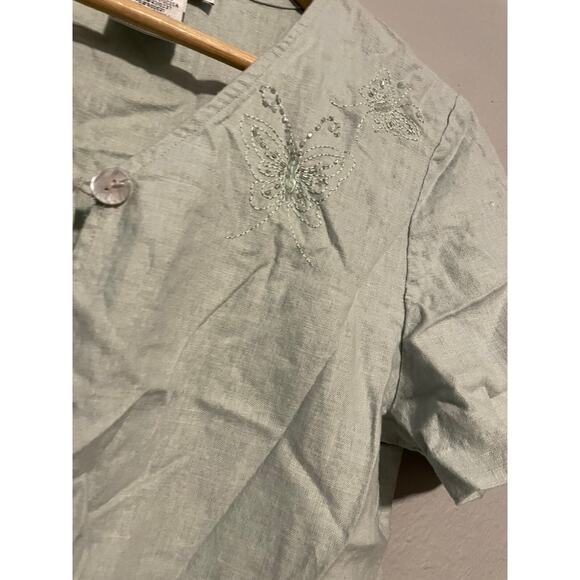 Vintage Womens Cardigan Size 10 Green Linen Blend Beaded Embroidered Fairy 90s - Picture 2 of 7